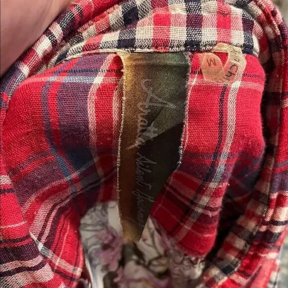 Aratta Silent Journey Red Plaid Floral Design Button-Up Mixed Media Shirt Boho - Picture 6 of 9